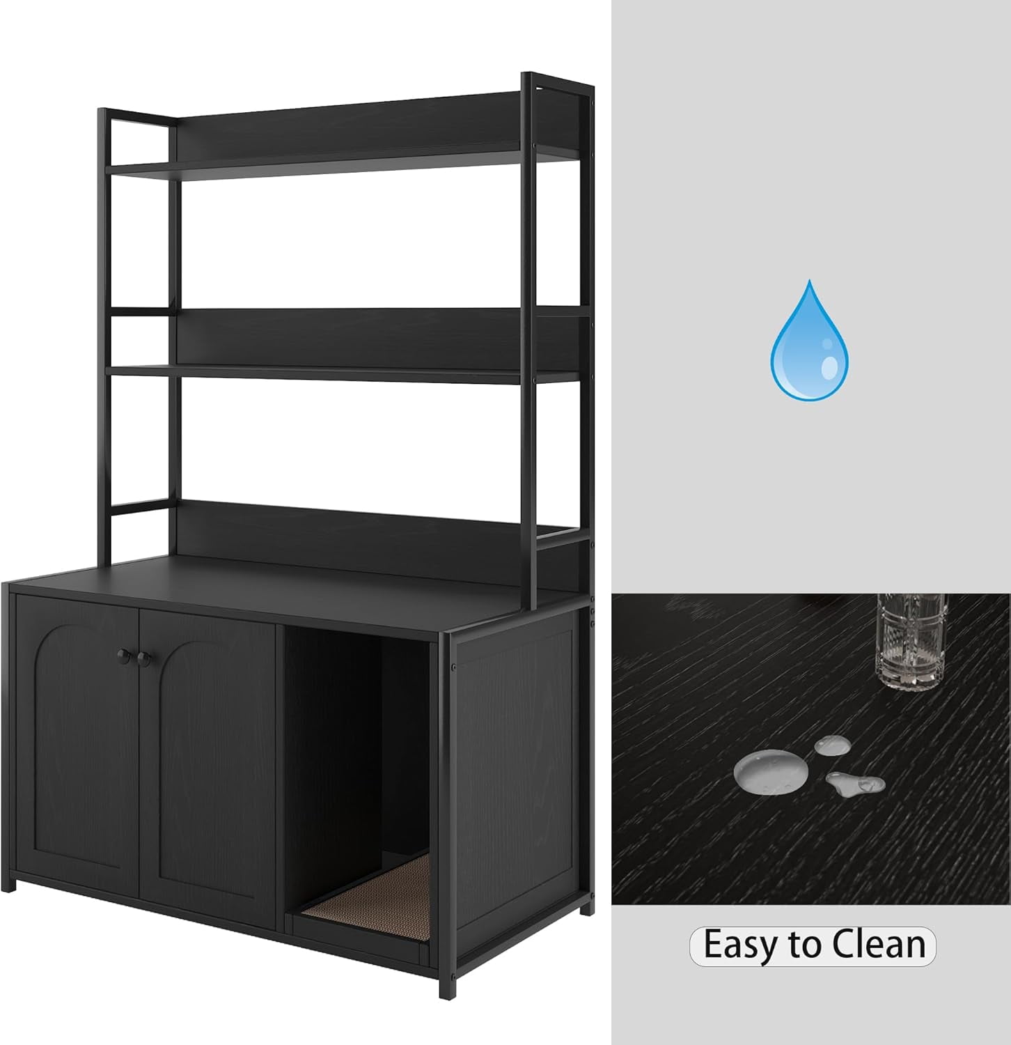 NEILA Litter Box Enclosure with 2 Storage Shelves White Hidden Cat Litter Box Furniture with Scratch Pad, Indoor Cat House Kitty Box Washroom Cat Bookshelf Cabinet, Black