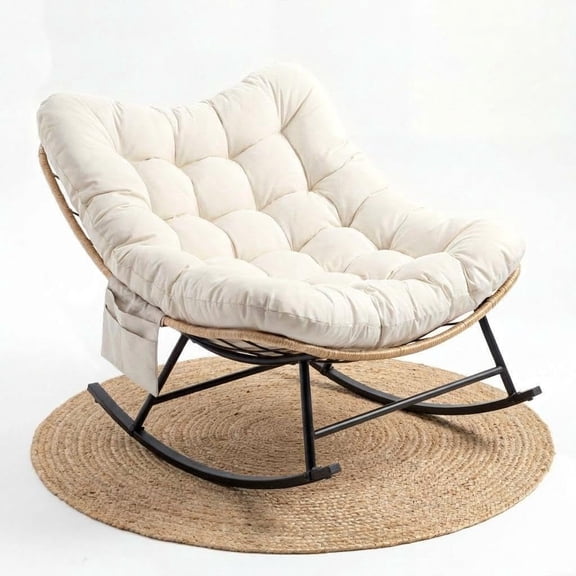 Outdoor Rocking Chair, 450-700LBS Capacity Oversized Wicker Rattan Chair with Thick Cushion, All-Weather, for Garden/Balcony/Living Room/Bedroom