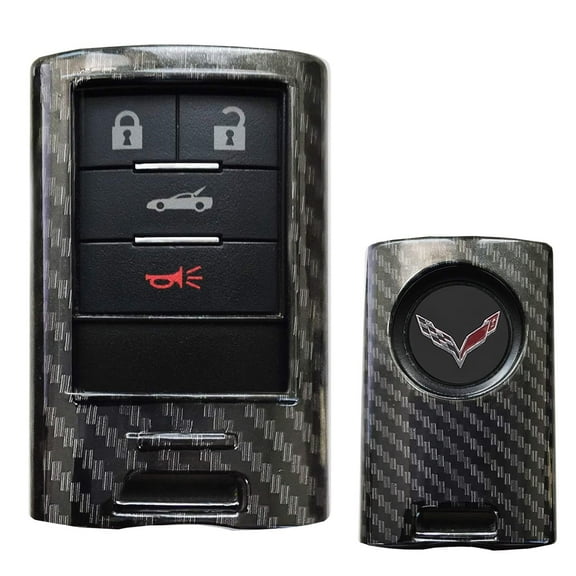 Black Carbon Fiber Pattern Hard Plastic Shell Keyfob Protective & Keychain For Cadillac OEM 5923887 22756465, etc (ATS CTS DTS XTS SRX STS Escalade C7 Corvette)