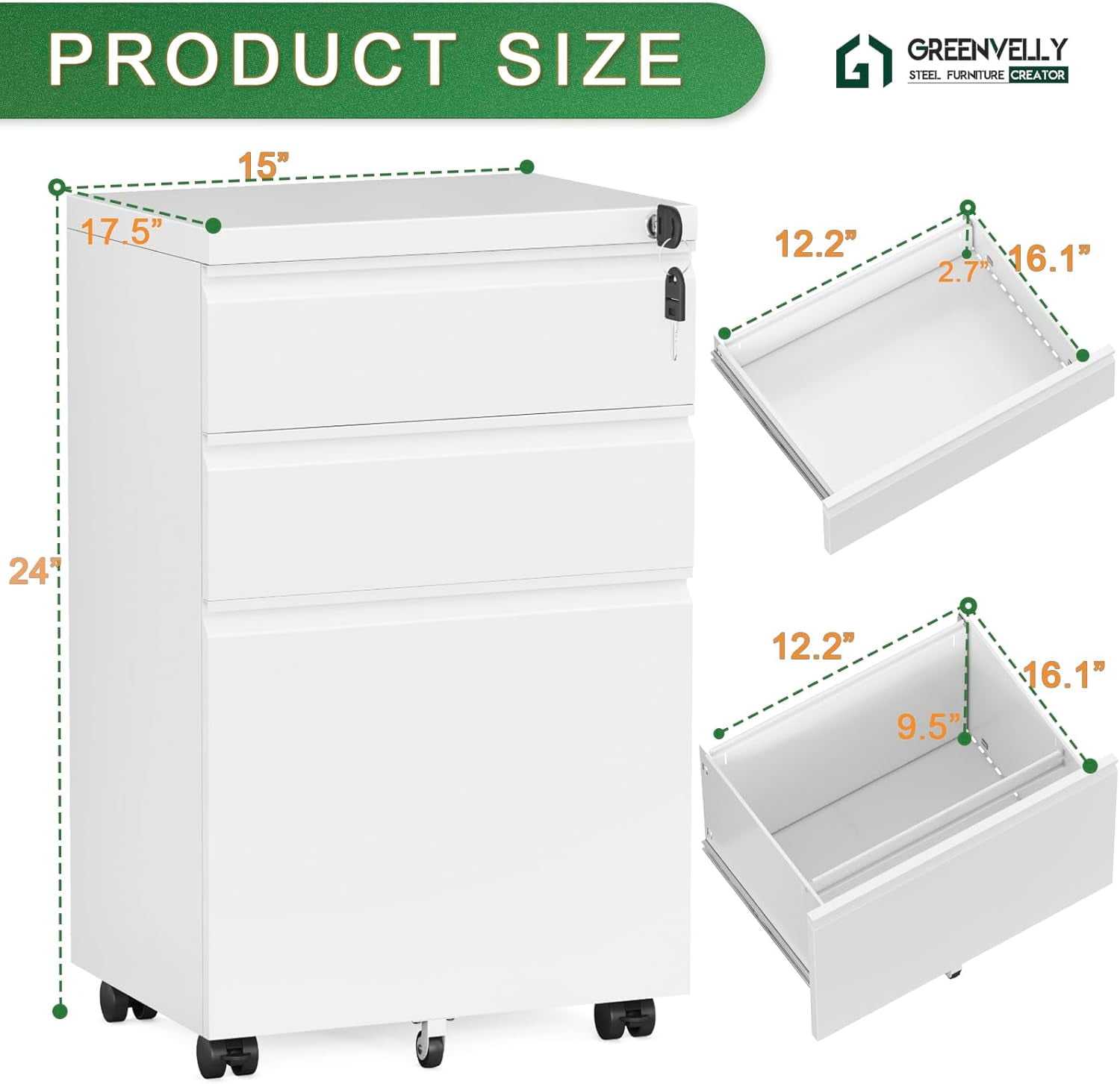 SUNCROWN File Cabinet, 3-Drawer Rolling Metal Mobile File Cabinet with Lock Fully Assembled Except Casters, Under Desk Cabinet for Home Office Fit Letter/Legal/A4 Size Files(White)