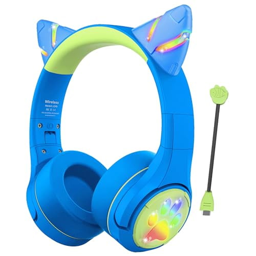 Riwbox CF9 Auriculares Bluetooth para niños Oreja de Gato con luz LED, límite de Volumen Seguro de 85 dB, micrófono Incorporado y micrófono Boom para Llamadas, Auriculares inalámbricos y con Cable par