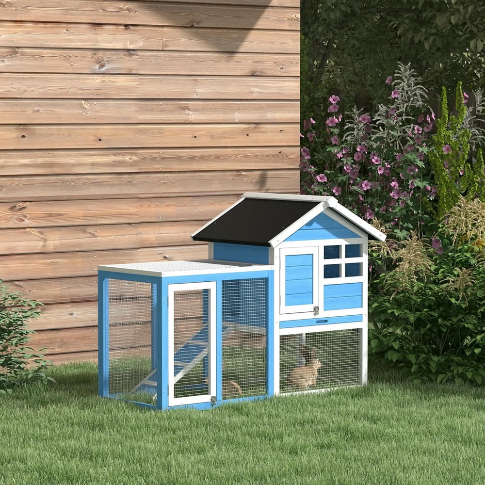 Barara King Large Rabbit Coop, Rabbit Coop, Outdoor Rabbit House,48" Wooden Rabbit Hutch Bunny Cage with Waterproof Asphalt Roof, Removable Tray and Ramp, Light Blue