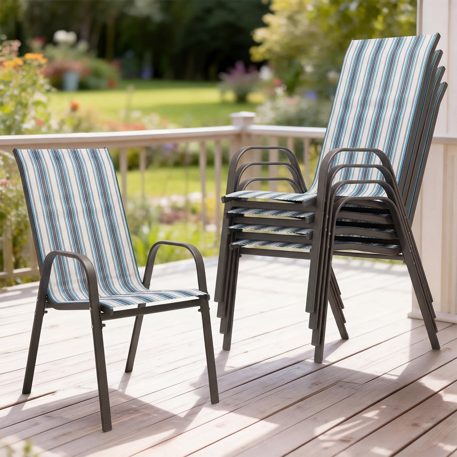 FUNDAZE Outdoor Dining Chairs Set of 4, Patio Dining Chair Stackable Armrest Patio Chairs Space Saving for Garden Backyard Deck, Blue Stripe