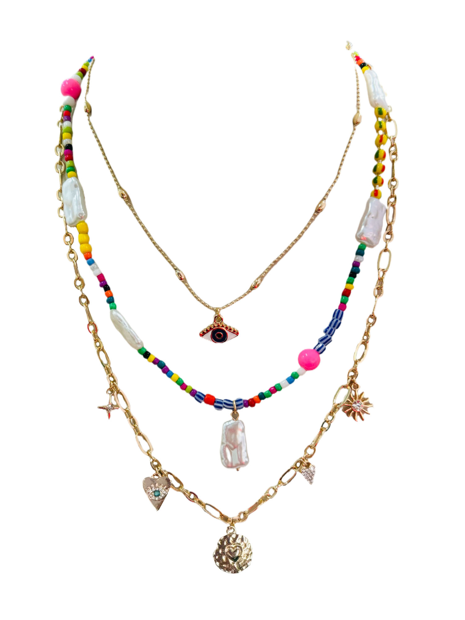 No Boundaries Multi Color Beaded with Evil Eye Gold Plated Necklace for Female Adults and Teens, 3 Pack