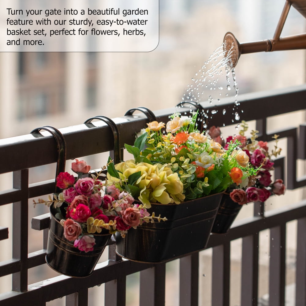 Gardenised Set of 3 Metal Hanging Railing Planters with Detachable Hooks Decorative Outdoor Set for Balcony Patio Deck or Fence Ideal for Displaying Flowers Succulents Herbs and Cascading Plants