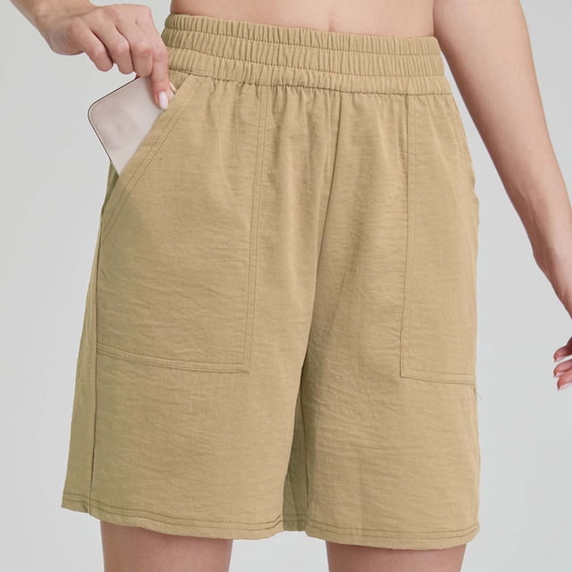 TaTaai Women Summer Loose Solid Color Elastic Waist Knee Length Shorts With Pockets Breathable Machine Washable Non See-through Lightweight Versatile Daily Street Party Wear Gift