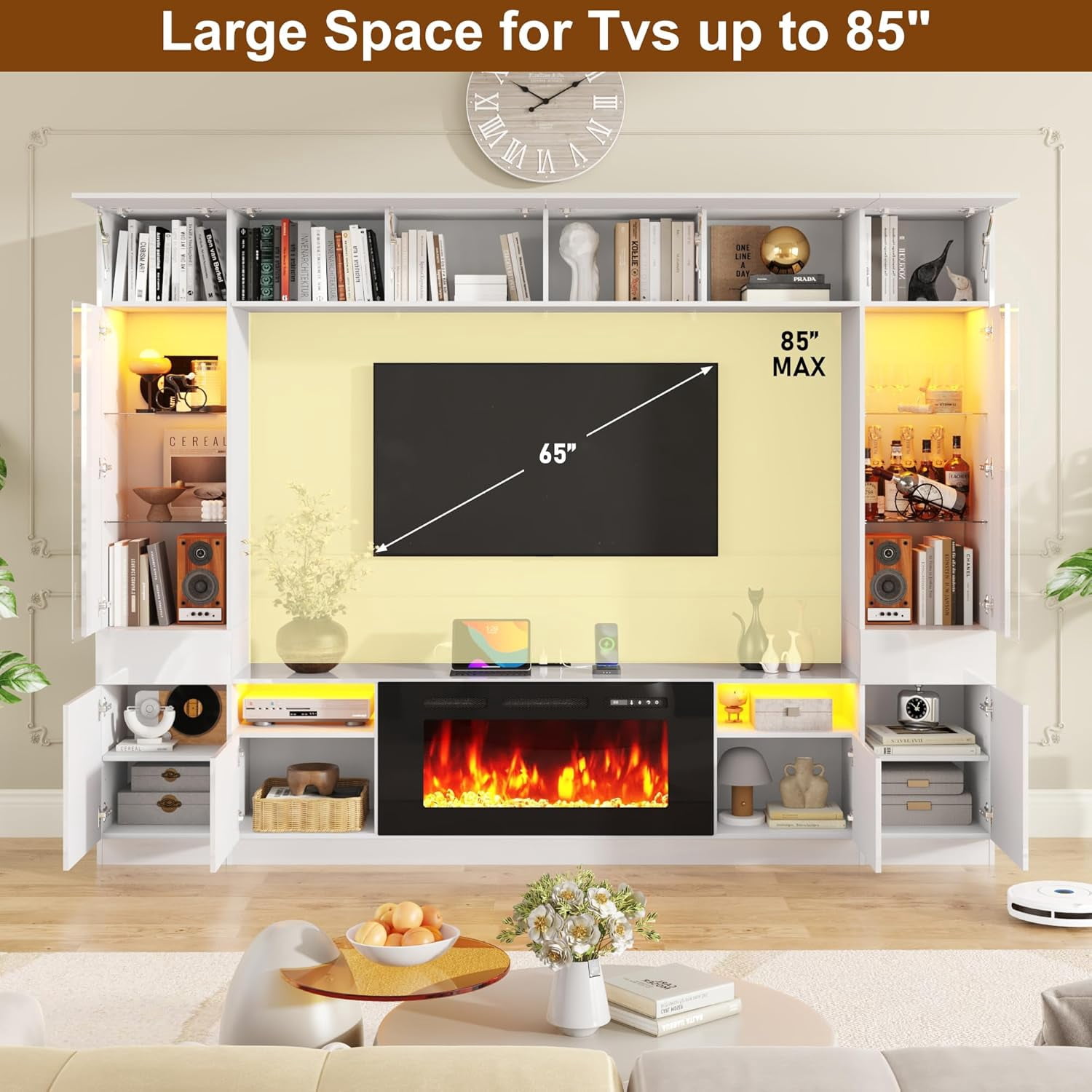 ANPOO 107" Large Wall Unit Entertainment Center with 40" Electric Fireplace, Bookshelves, LED Lights, Modern High Glossy TV Stand Media Console Table with Bridge Cabinet for Living Room & Home Theate