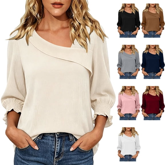 Womens 3/4 Sleeve Blouses Asymmetrical V Neck Smocked Cuffs Ruffle Dressy Casual Tops for Work Office Fall Daily Wear, Beige, L