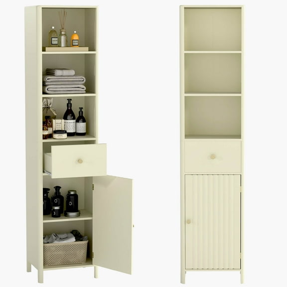 Costway 67” Tall Bathroom Cabinet with 3 Open Shelves, 1 Drawer, Adjustable Interior Shelf Off-white