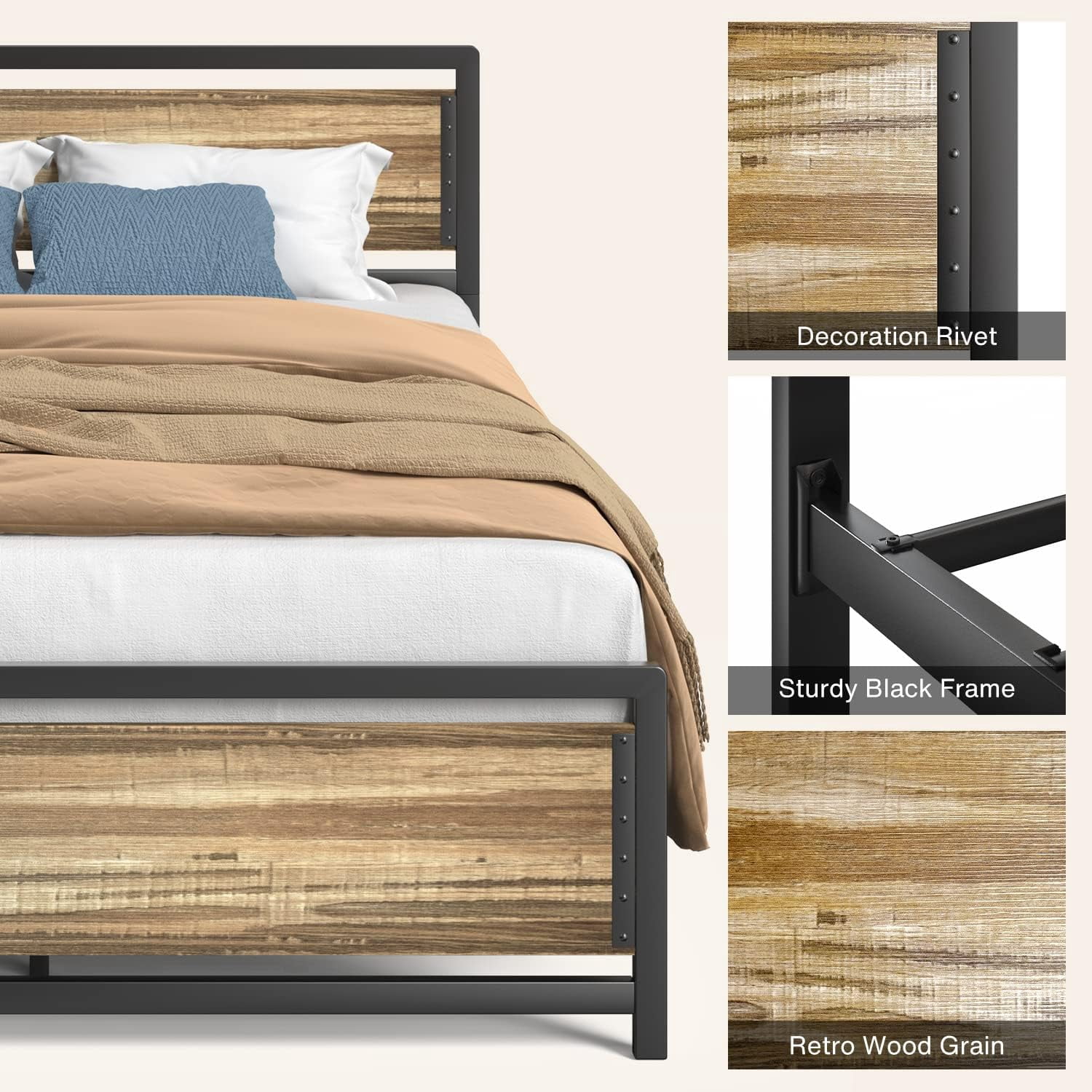 Queen Metal Bed Frame with Wooden Headboard, 15 Heavy Duty Slats, Large Under-Bed Storage, Noise-Free, No Box Spring Needed, Easy Assembly, Retro Rivet Design.
