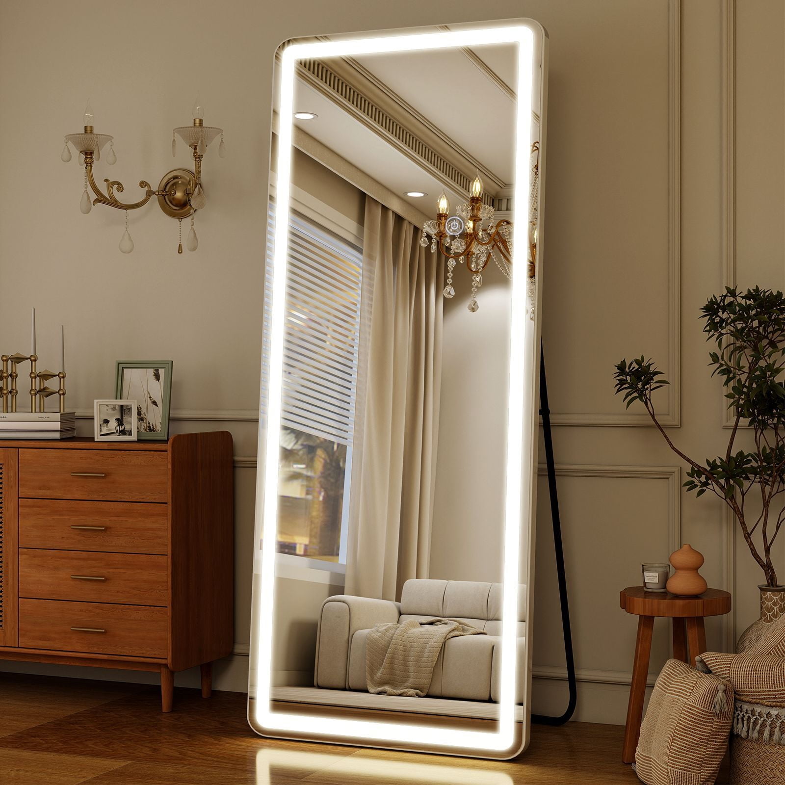 Easy4Home 63" x 20" LED Rectangular Full Length Mirror with Adjustable Lights Standing Mirror Wall Mounted, White