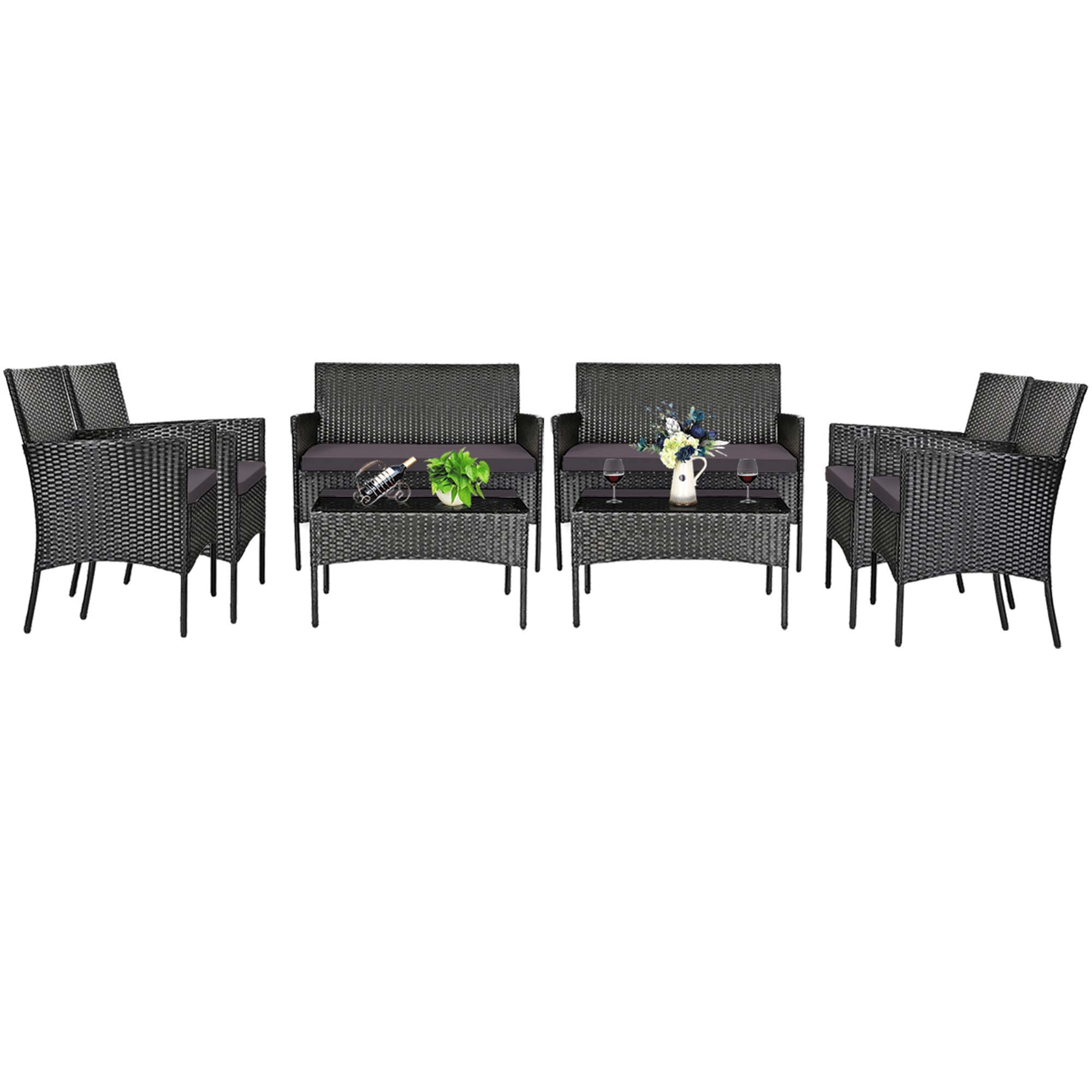 Costway 8PCS Patio Rattan Furniture Set Cushioned Sofa Coffee Table Backyard Grey