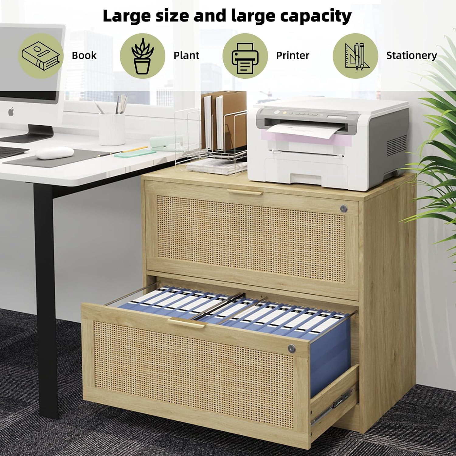 AODAILIHB File Storage Cabinet, Under Desk 2-Drawer File Cabinet, Locking Wooden Rattan File Cabinet