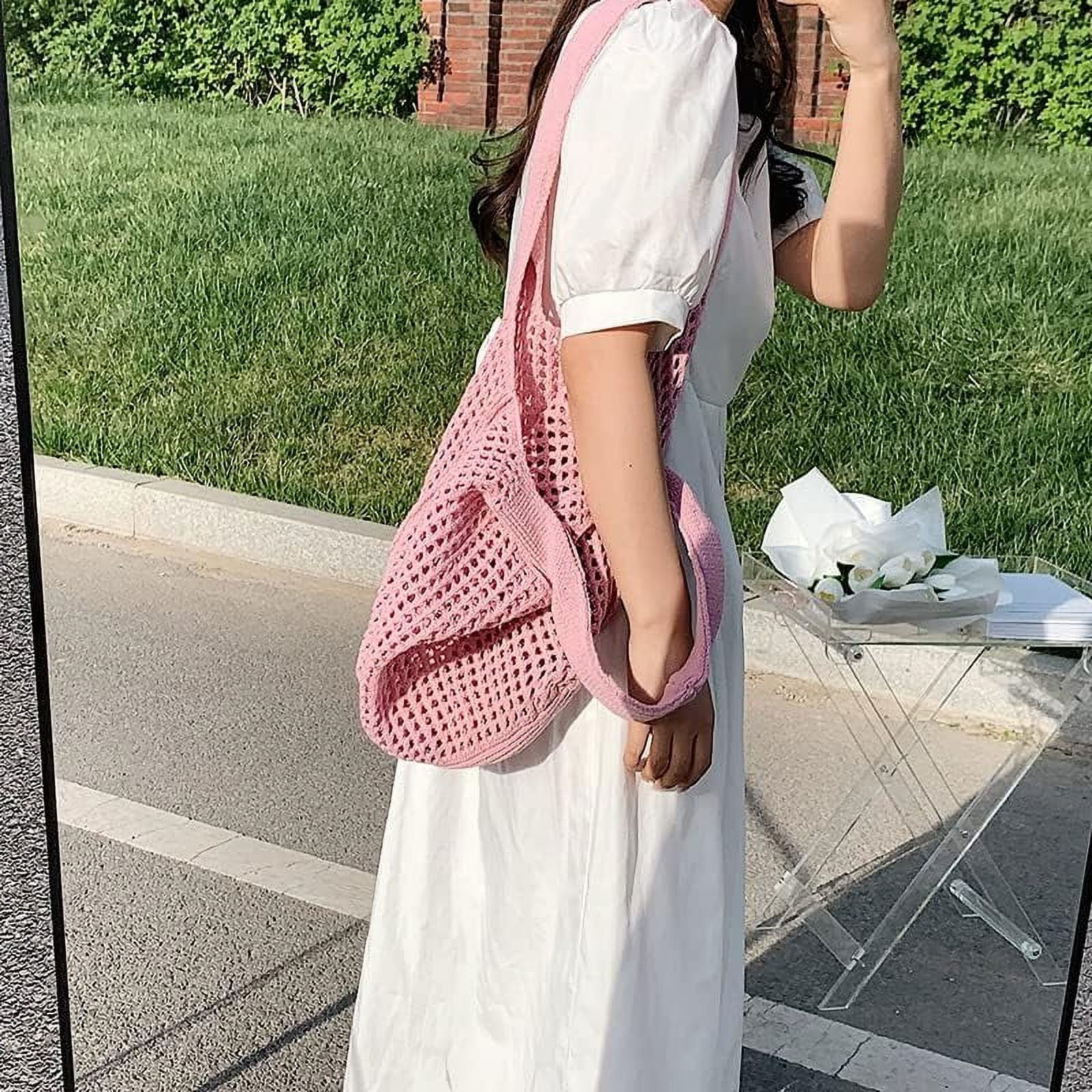 LinYooLi Crochet Tote Bag, Cute Boho Knit Tote Bag Aesthetic Y2K Large Crochet Beach Bag Shoulder Bag Handbag