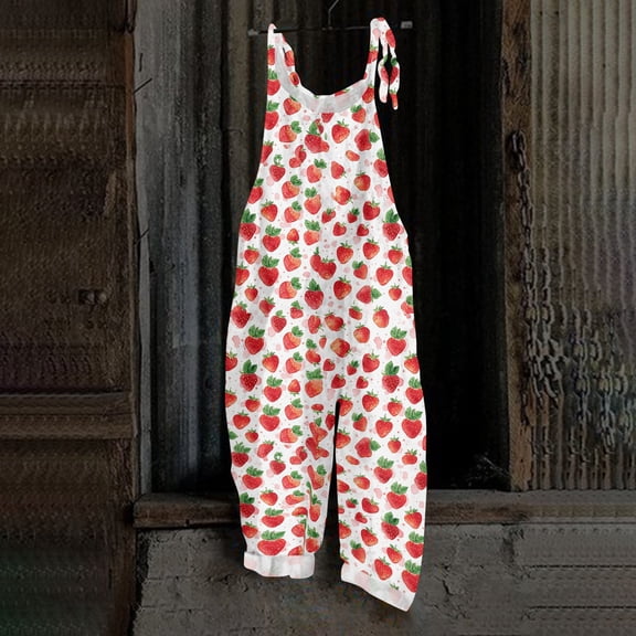 Iaqnaocc Beach Flowy Jumpsuits for Women Summer Boho Bib Overalls Casual Loose Strawberry Print Wide Leg Cropped Jumpsuit Sweet Beach Romper Red XL
