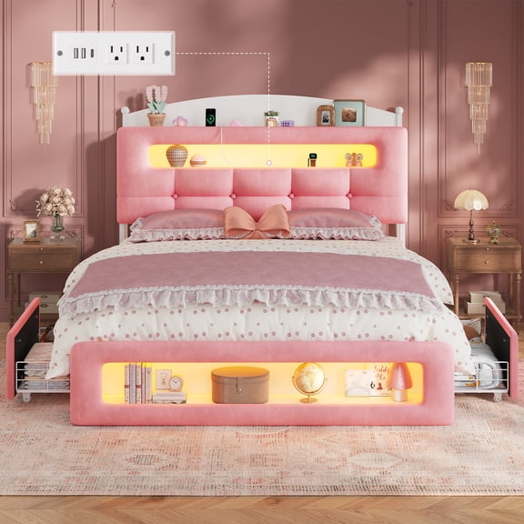Frhnenha Full Size Bed Frame with Charging Station and LED Lights, Upholstered Platform Bed with 2 Drawers, No Box Spring Needed, Pink