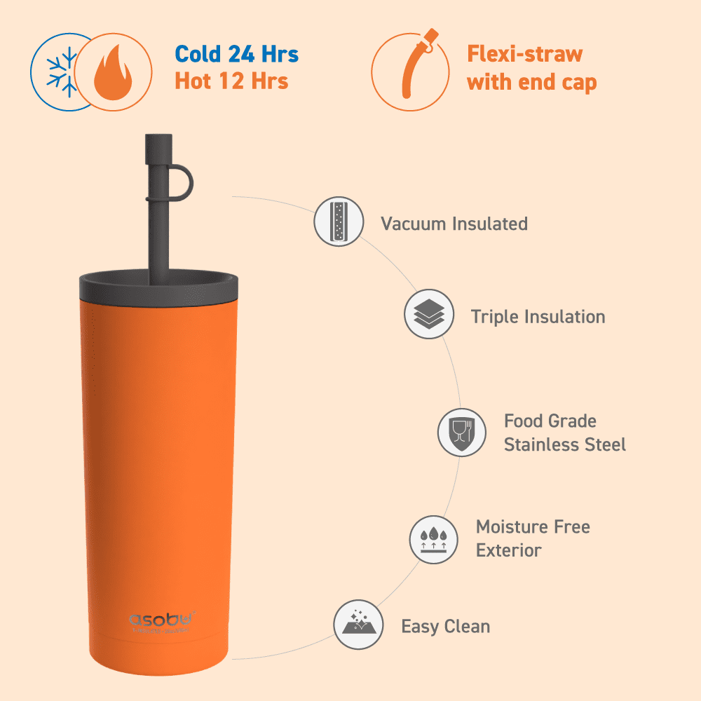 AdNart Superb Sippy Double Wall Stainless Steel 20 oz Tumbler with Silicone Flexible Straw, Orange