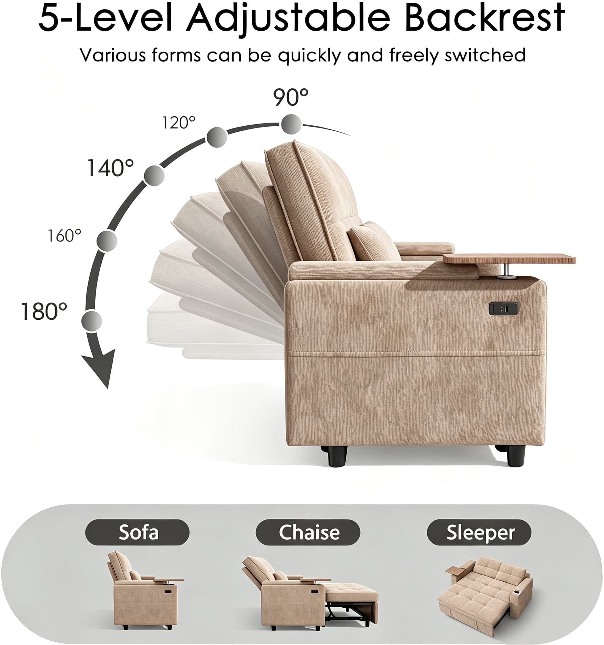 avobird 65" 3-in-1 Convertible Sofa Bed, Pull Out Loveseat with Chenille Fabric/Hidden storage space/Cup holder, Sleeper Sofa Bed for Living Room, Brown