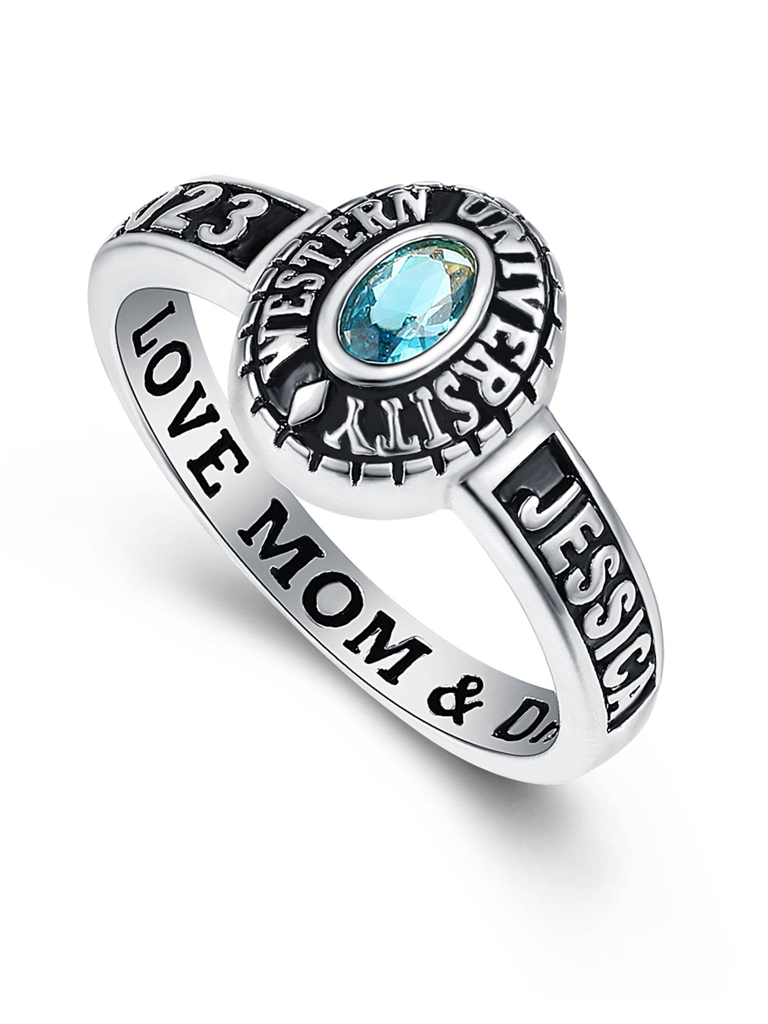 Mementos PJM Custom Class Rings for Women High School or College-Sterling Silver 925/Rhodium Plated