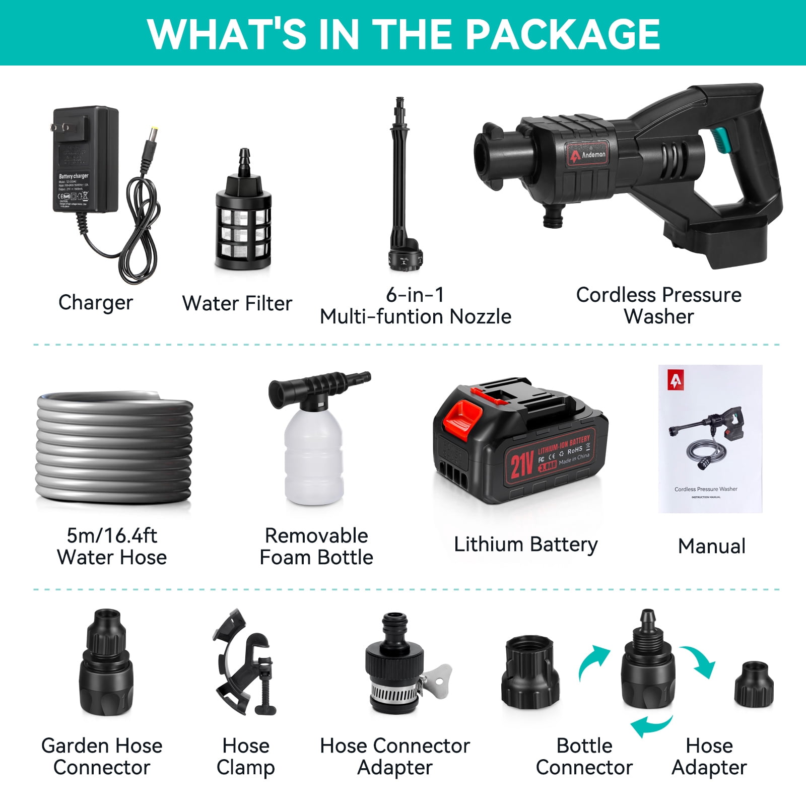 Audew (Andeman) 600PSI Cordless Pressure Washer - 6-in-1 Multipurpose Cleaner with 2x1.5Ah Batteries