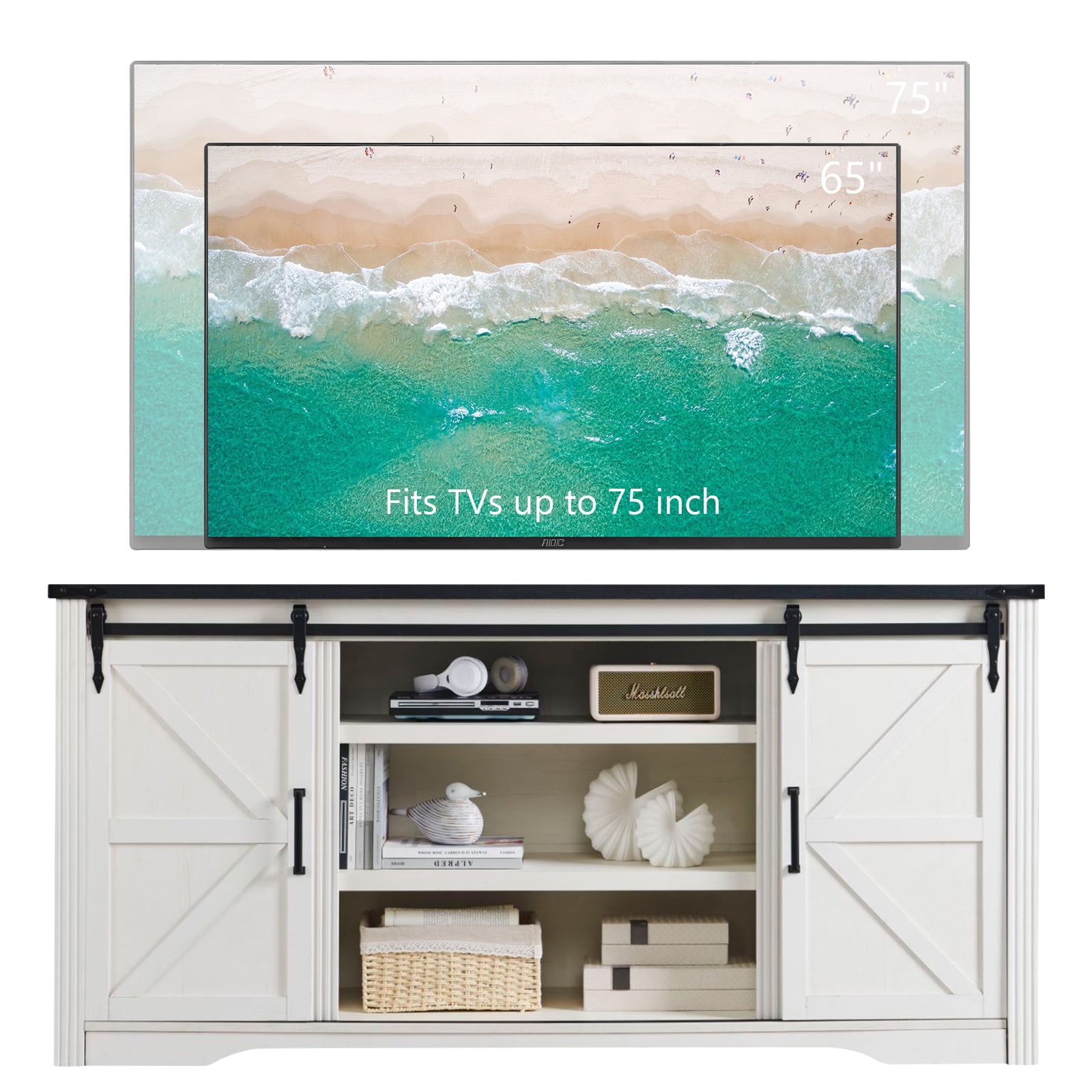 T4TREAM Farmhouse TV Stand for TVs up to 75" - Wood Entertainment Center with 4 Drawers & Barn Door & Adjustable Shelves, White