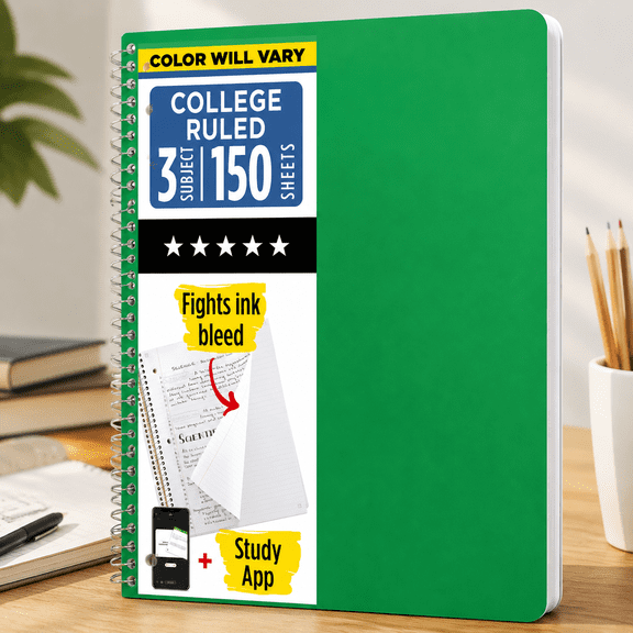 3 Subject College Ruled Spiral Notebook, 150 Pages, Assorted Colors