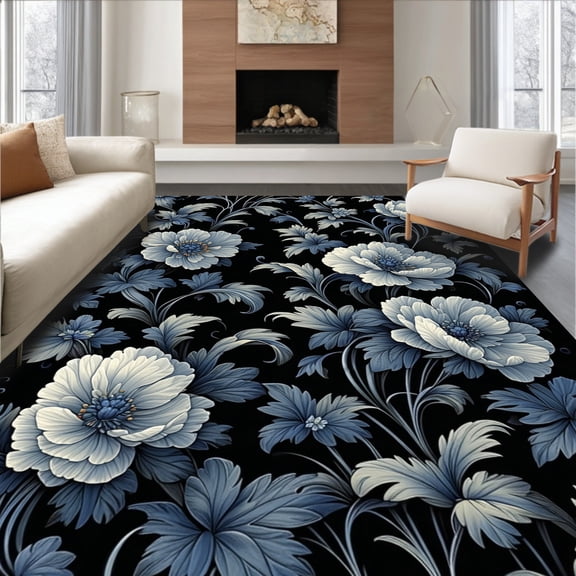 ODIKA 4'x6' Machine Washable Non-Slip Area Rug, Midnight Bloom Oval High Traffic Rug, Blue, 251529