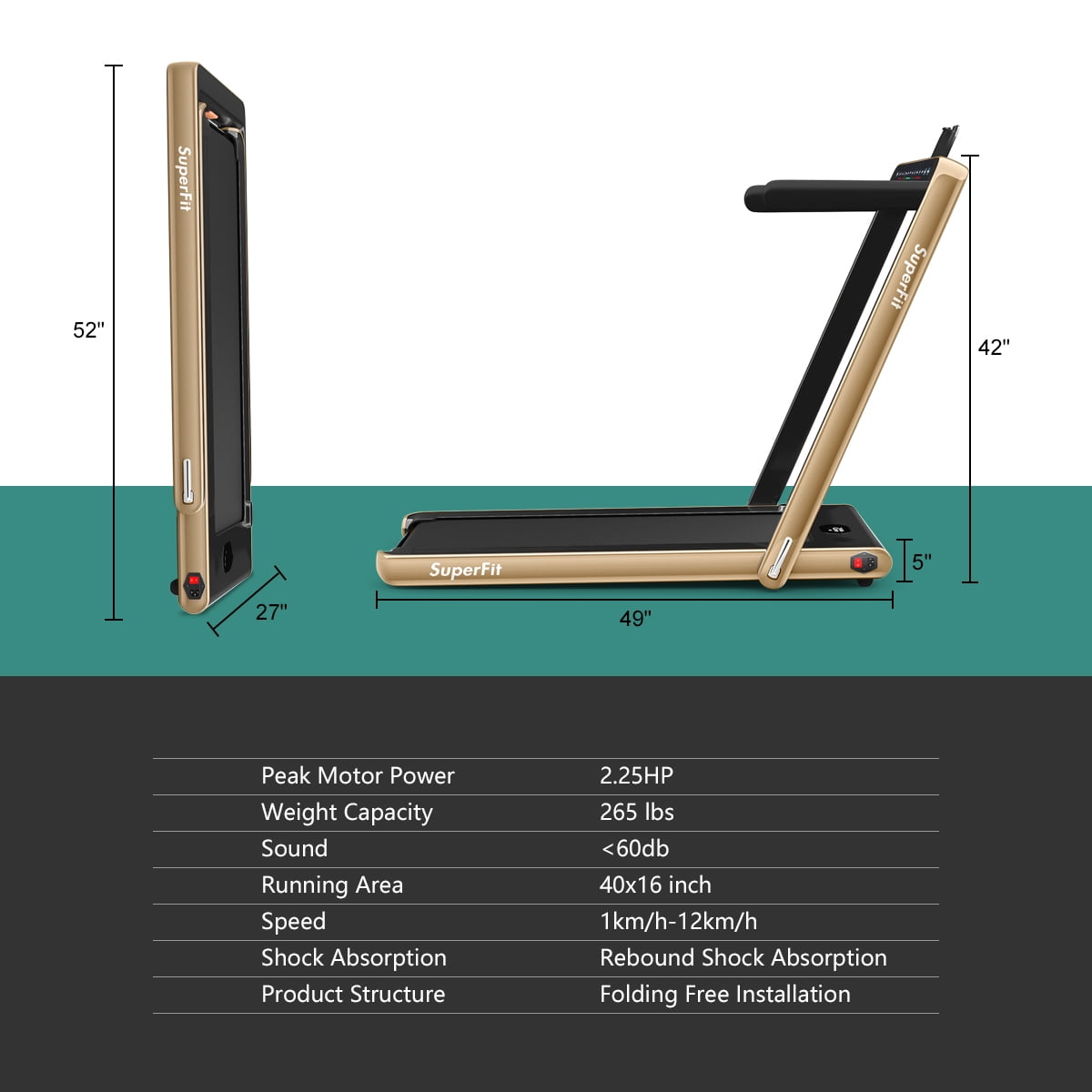 Gymax 2 in 1 Folding Treadmill 2.25HP Running Machine w/ Dual Display Gold