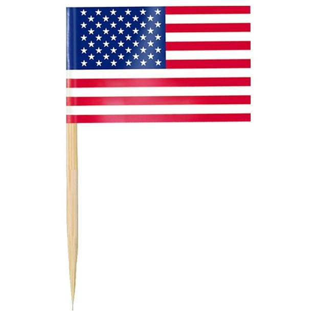 Banderas de Estados Unidos USToothpickFlag 200Pzas USA 3.5x2.5cmPapel Asta Madera Rojo/Azul.