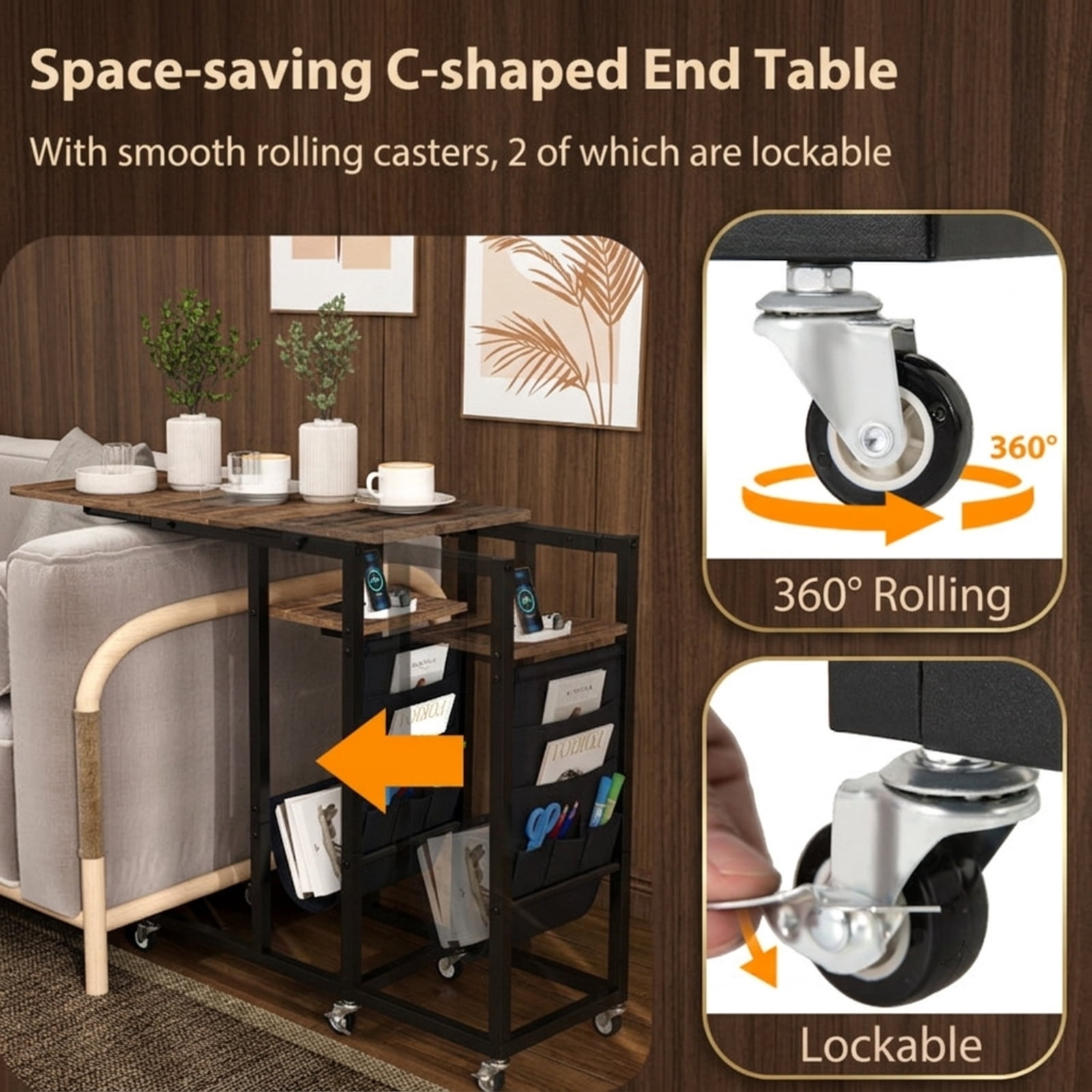 Furnibear C Shaped End Table with Charging Station and Retractable Tabletop for Sofa Couch Bedside and Small Living Room Narrow Spaces, Brown