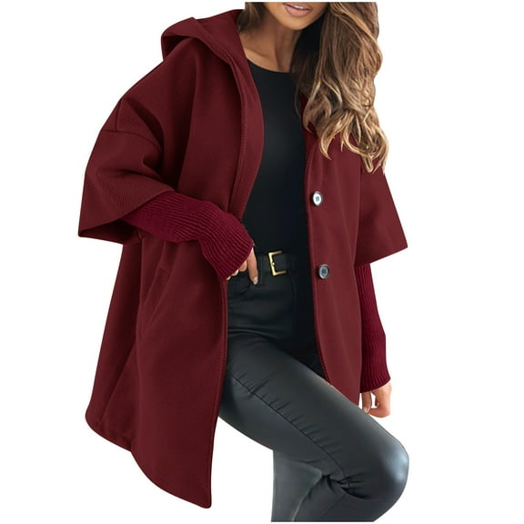 Lenpel Women's Winter Overcoat Fall Winter Long Sleeve Single Breasted Solid Hooded Jackets Casual Warm Outwear