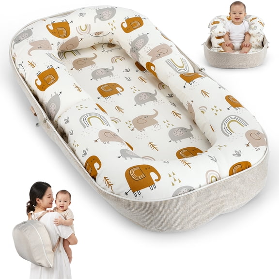 Loevin Baby Lounger for Newborns & Infants 0–12 Months, Portable Baby Nest for Home and Travel, Baby Shower Gift (Rainbow&Elephant)