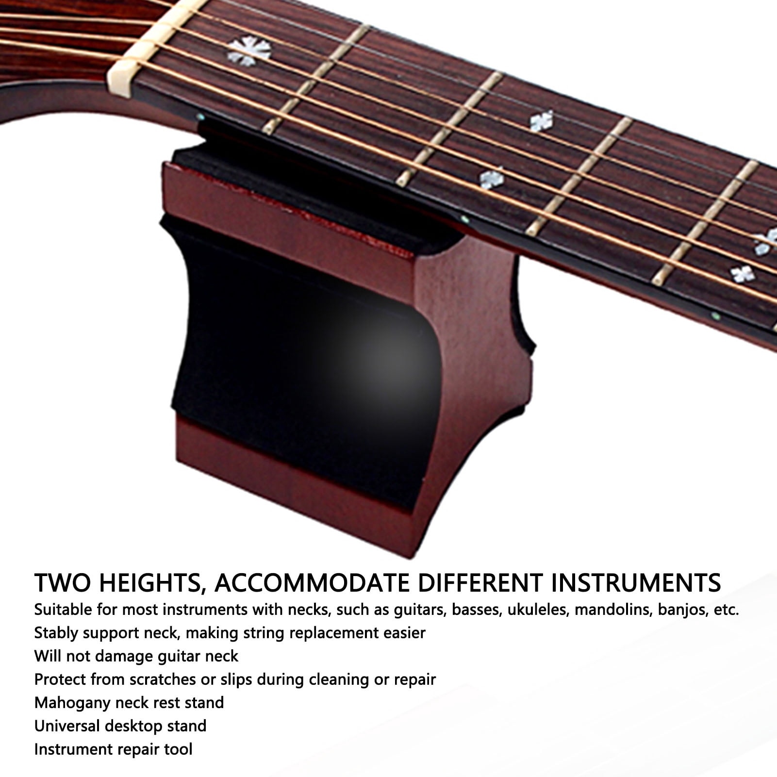 Guitar Neck Rest, Mahogany Wooden Holder with Adjustable Height for Bass Ukulele Mandolin Banjo, Cork Padding for Scratch Protection