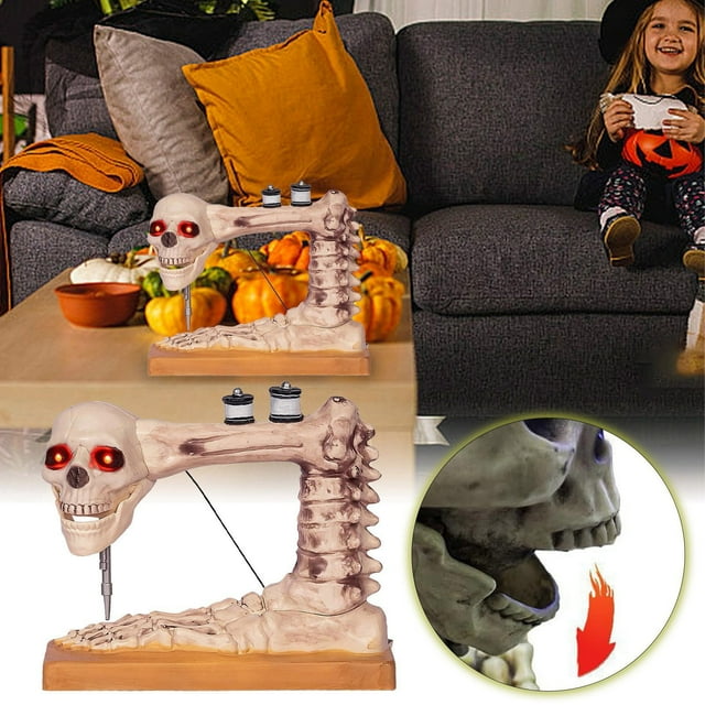 Riforla Machine à Coudre Squelette d'Halloween avec Yeux Rouges à DEL et Décoration Ornement de Bureau Beige 30,7x26,5x11 cm