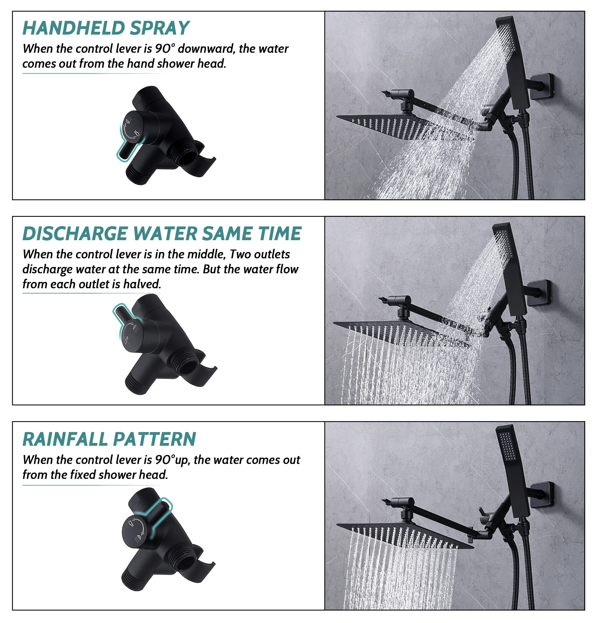 All Metal Dual Square Shower Head Combo, Rain Shower Head with Handheld Shower Wand and Extra Long Flexible Hose (Matte Black)