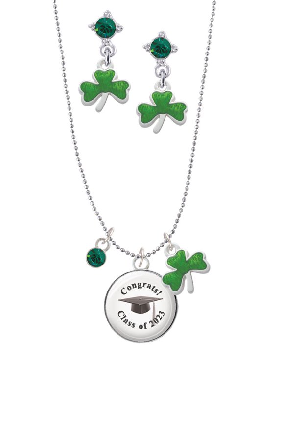 Silvertone Domed Class of 2023 Green Shamrock Necklace and Clover Earrings Jewelry Set