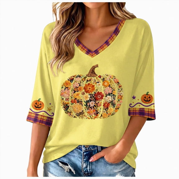 mgoYE Halloween Shirts for Women Plus Size Family Halloween Thanksgiving Tops Casual Thankful Pumpkin Turkey Graphic Tees Women T Shirts