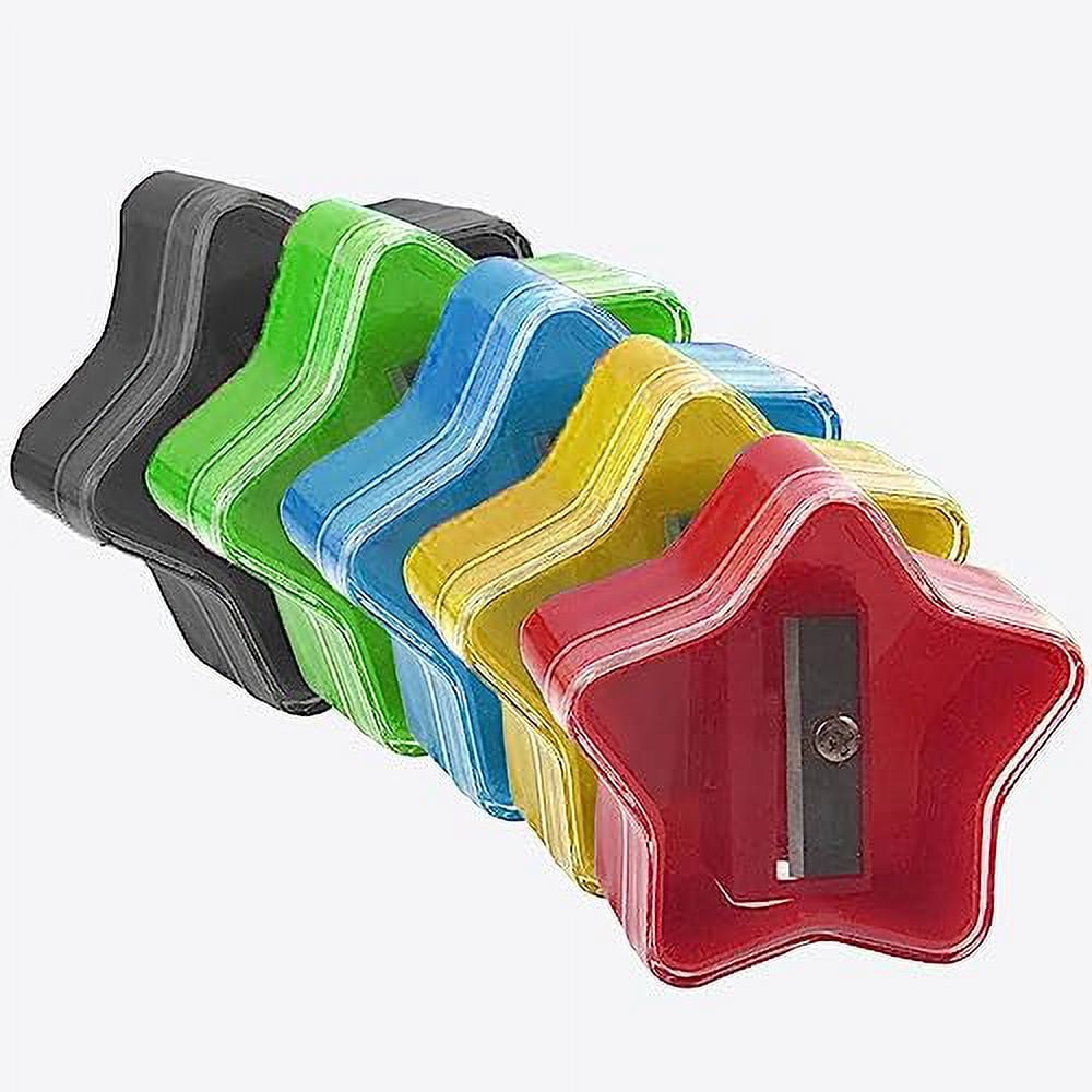 100 Pack of Bulk Wholesale Star Shaped Plastic Manual Handheld Pencil Sharpeners in Black, Red, Blue, Green and Yellow Color Assortment
