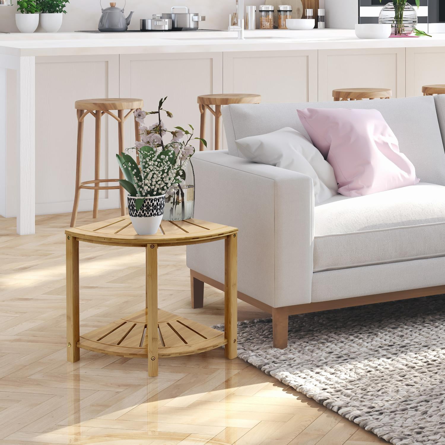 Sorbus Bamboo Shower Stool with Shelf, Corner Bath Bench, Waterproof Bathroom Seat, Natural