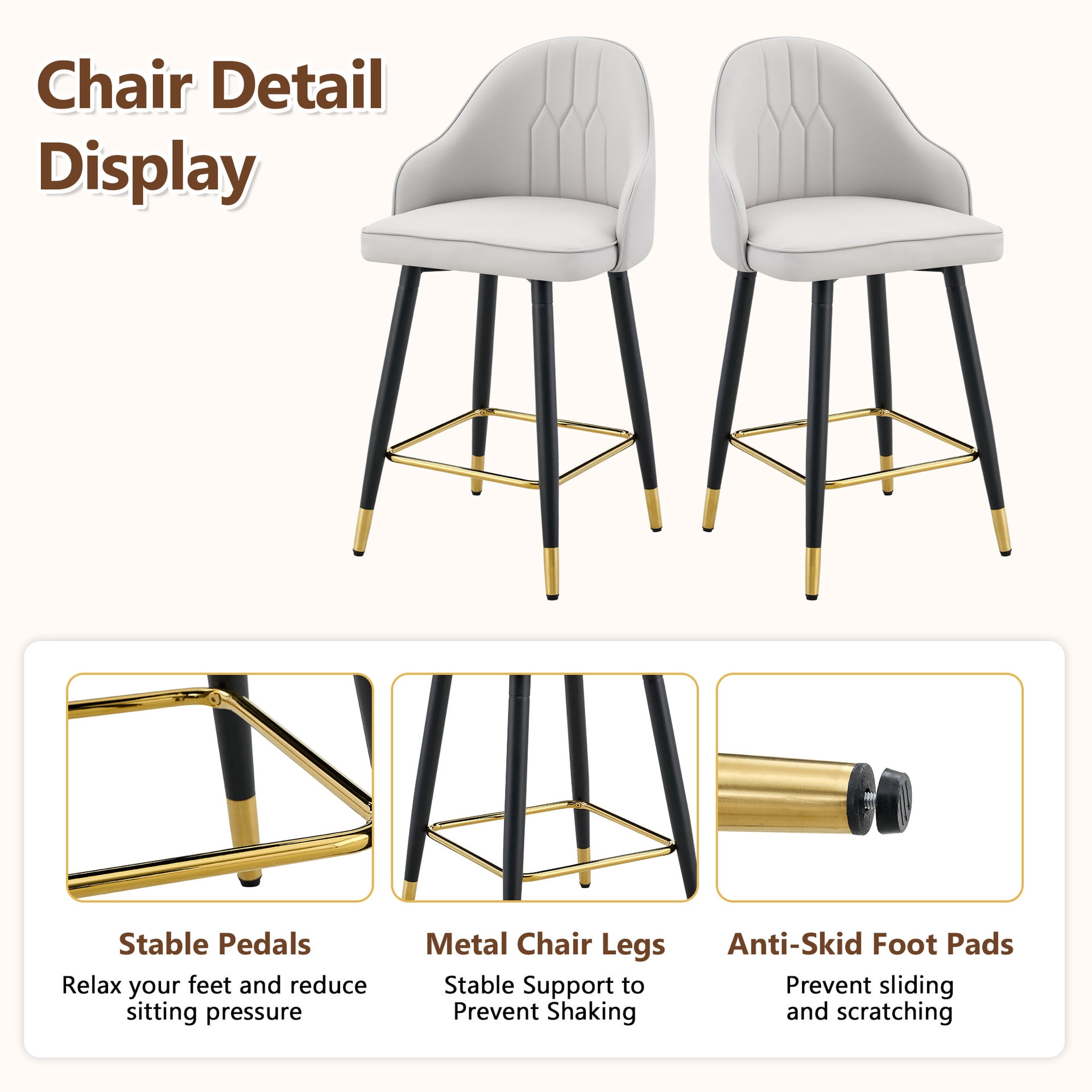 StnTalk Bar Stools Set of 2, Counter Height Barstools with Backs, Light Gray PU Leather Kitchen Stools with Gold Footrest & Stable Metal Legs, Modern Upholstered Chairs for Kitchen Island