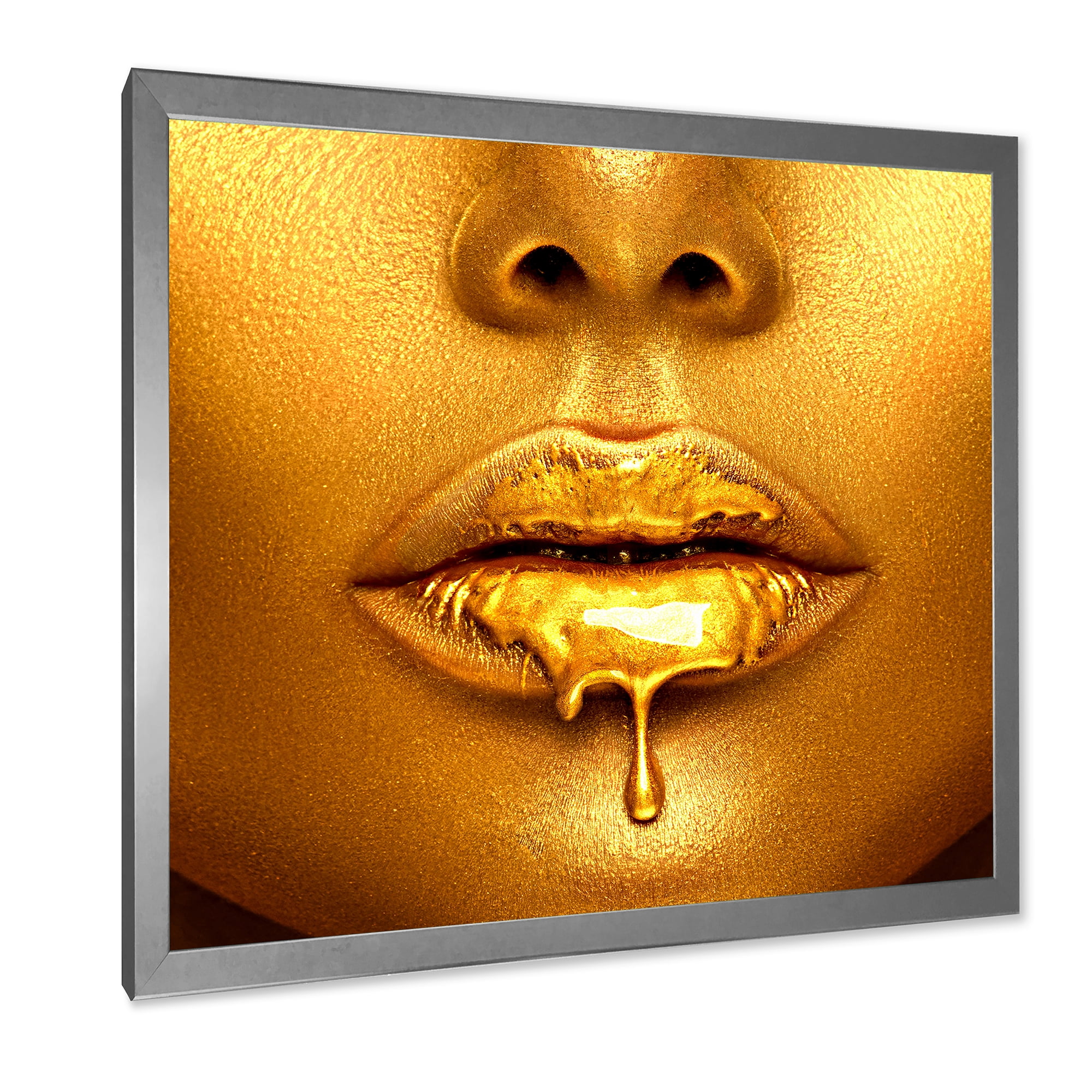 Designart 'Gold Paint Drips From Sexy Girl Lips' Modern Framed Art Print