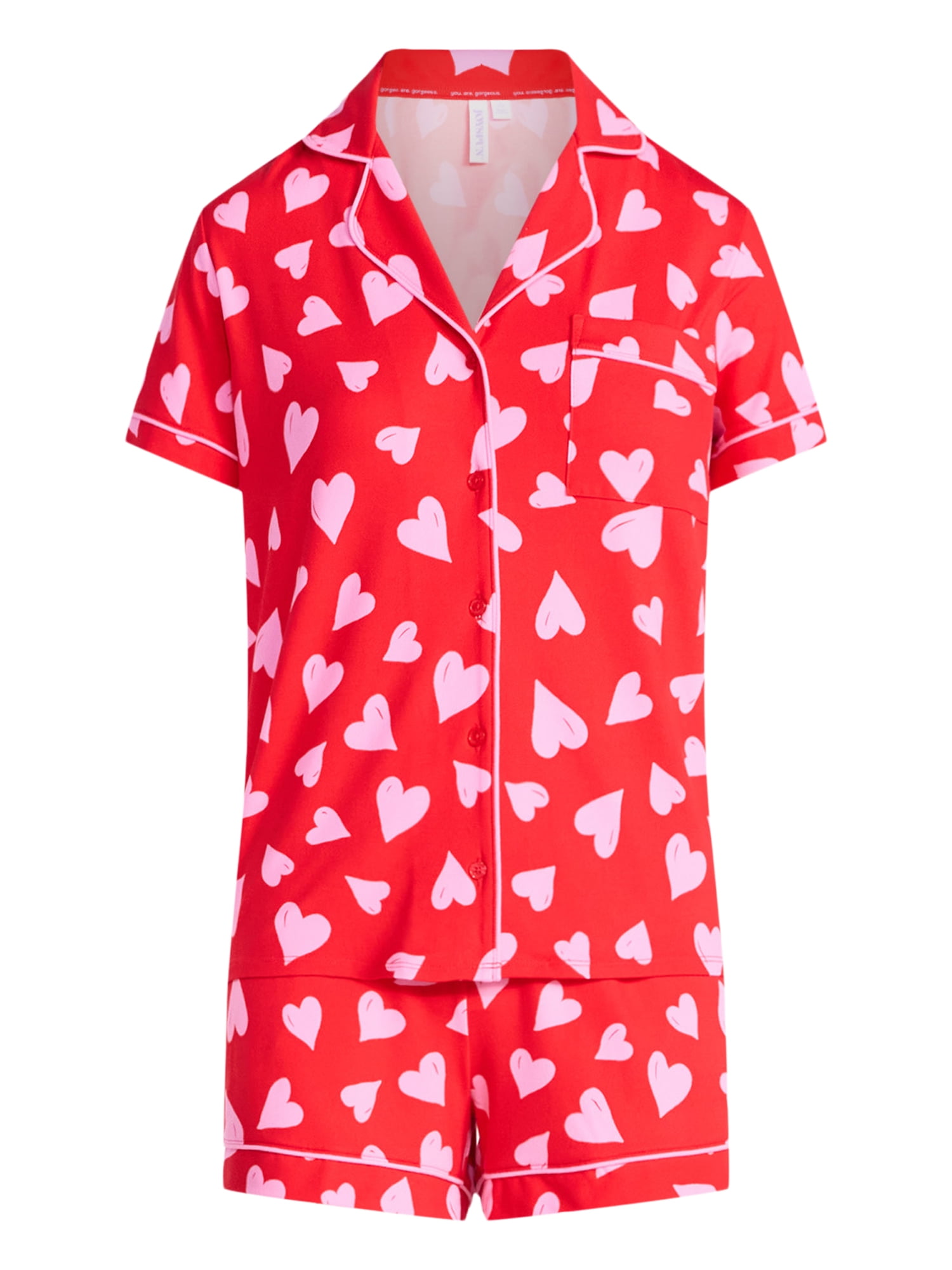 Joyspun Women's Dreamy Soft Collection Notch Collar Top and Shorts Valentine's Day Pajama Set, 2-Piece, Sizes XS-3X