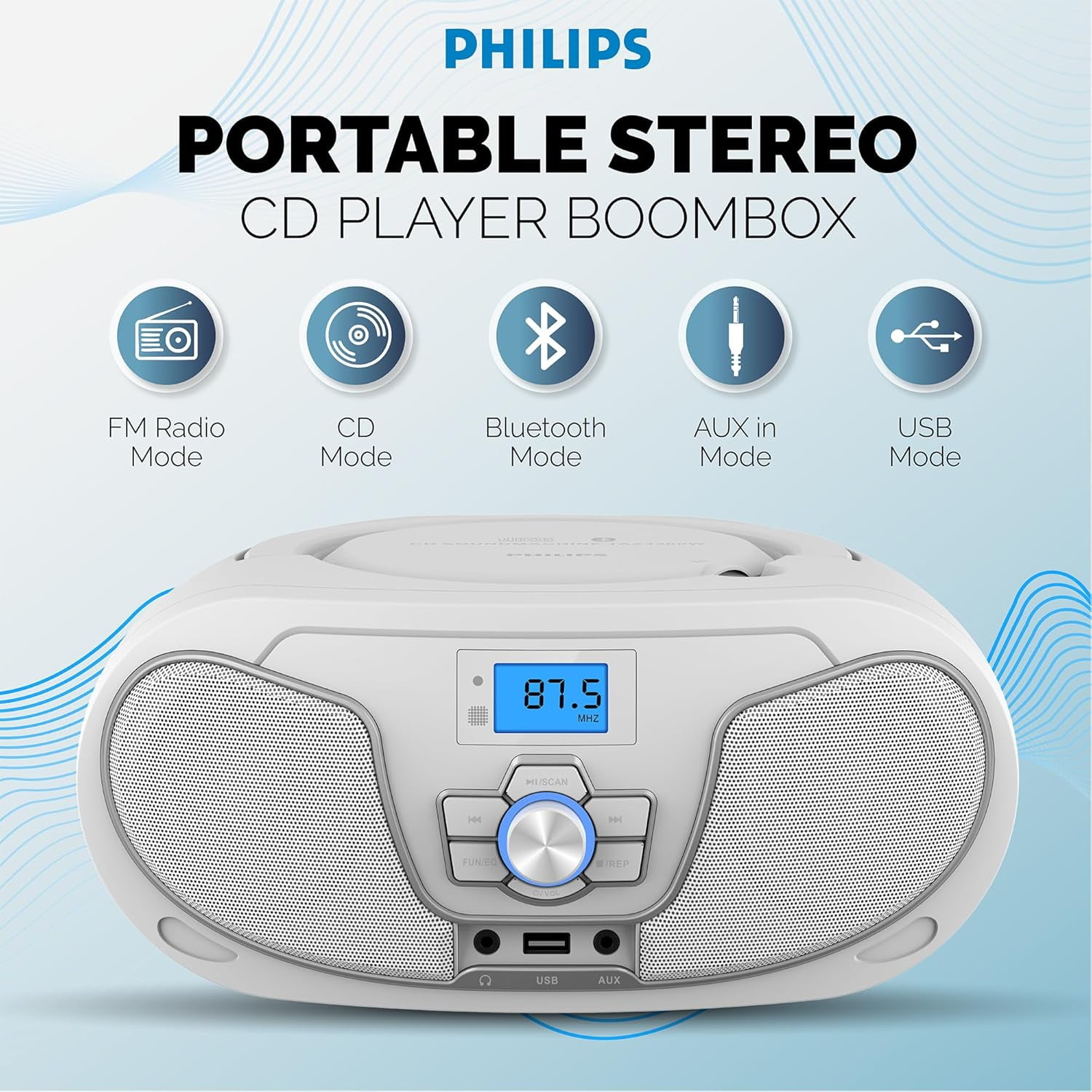 Philips Bluetooth Portable Boombox with Top-Loading CD Player, FM Radio, USB Playback, and Dynamic Bass Boost - White