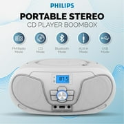 جهاز راديو محمول من Philips مزود بتقنية البلوتوث ومشغل أقراص مضغوطة قابل للتحميل من الأعلى وراديو FM وتشغيل USB وتعزيز الجهير الديناميكي - أبيض