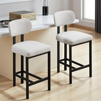 Hassch Chenille Upholstered Barstools Set of 2, Armless Counter Height Bar Chairs with Thick Cushion, Curved Backrest, and Black Metal Frame for Kitchen, Dining Room, or Home Bar (Cream)