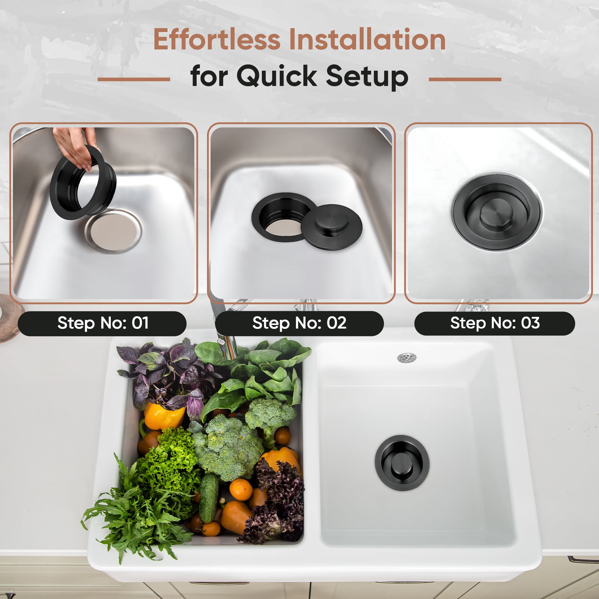 Strictly Sinks Garbage Disposal Flange & Stopper - Stainless Steel Garbage Disposal Drain for 3-1/2 Inch Standard Sink Drain Hole - Anti-Clog Kitchen Sink Drain with Garbage Disposal Stopper Black