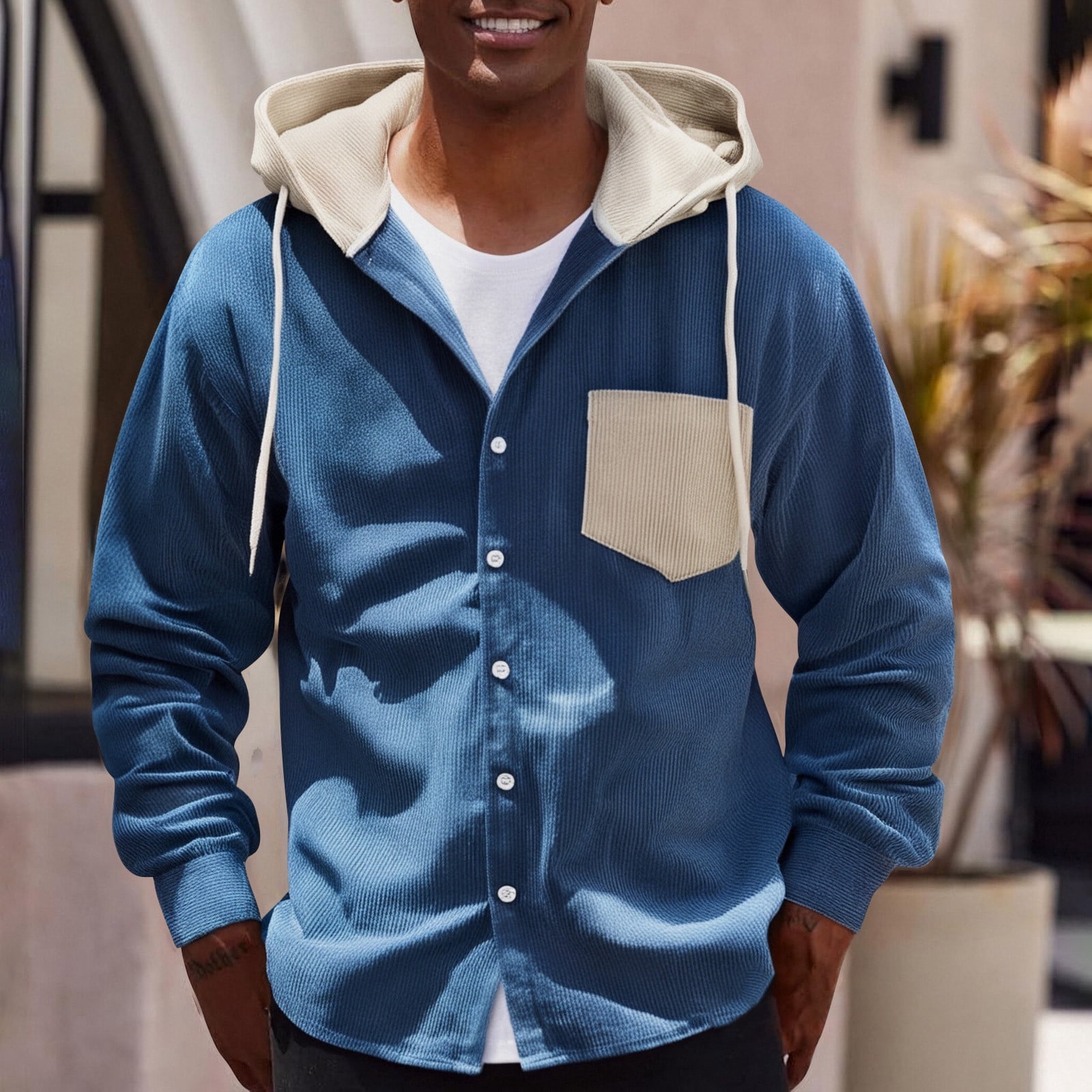 Zpanxa Men's Utility Jacket with Adjustable Drawstring Hood Button Front Closure and Multiple Pockets for All-Season Urban Outdoor Wear in Solid Color Blue L