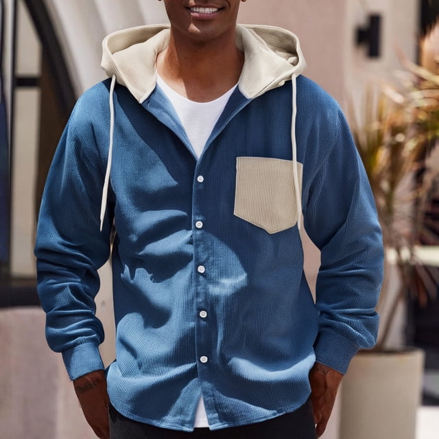 NJDVHB Man Solid Long Sleeved Hooded Drawstring Pocket Button Jacket,Blue,L