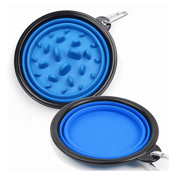Dog Bowls Slow Feed Dog Bowl Collapsible Bowl Set Foldable Expandable Cup Travel Bowls Silicone Portable Water Food Storage Containers, Blue/ L