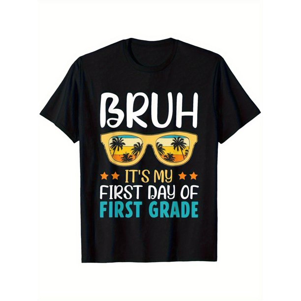Bruh, It's My Primary School Day! Boys Fun Back To School T-Shirt - Soft Breathable Black Short Sleeve Crew Neck Casual Top for Comfortable Fit
